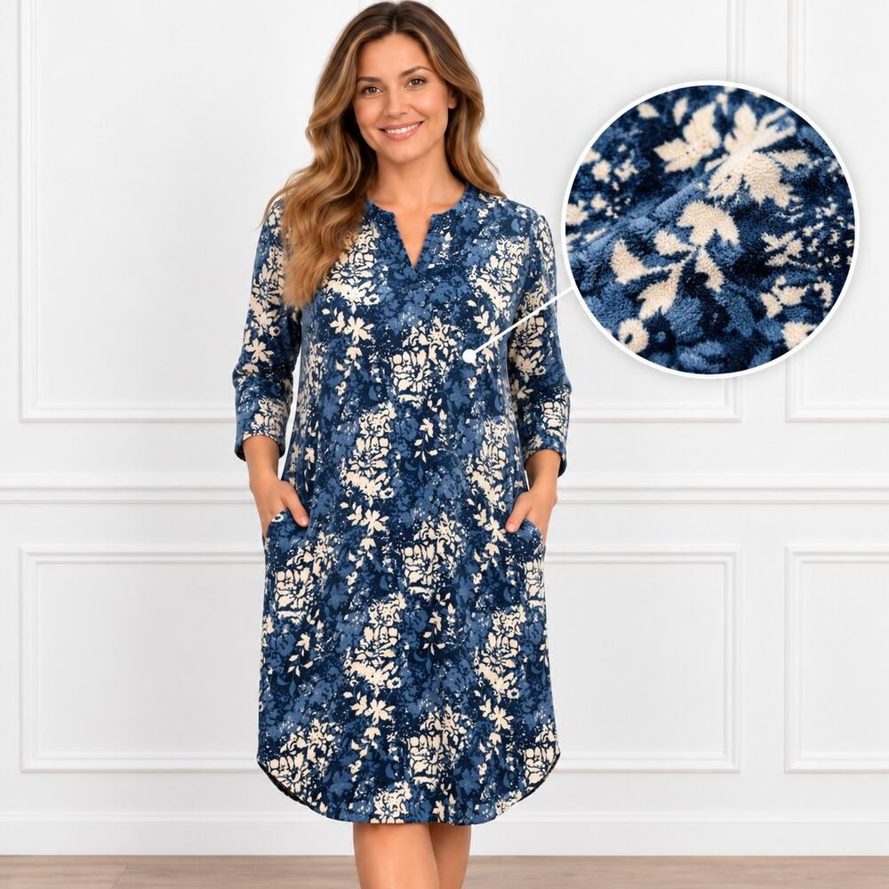 Anne Klein M Blue Floral Plush Nightgown Sleep Shirt Lounge Dress Pockets